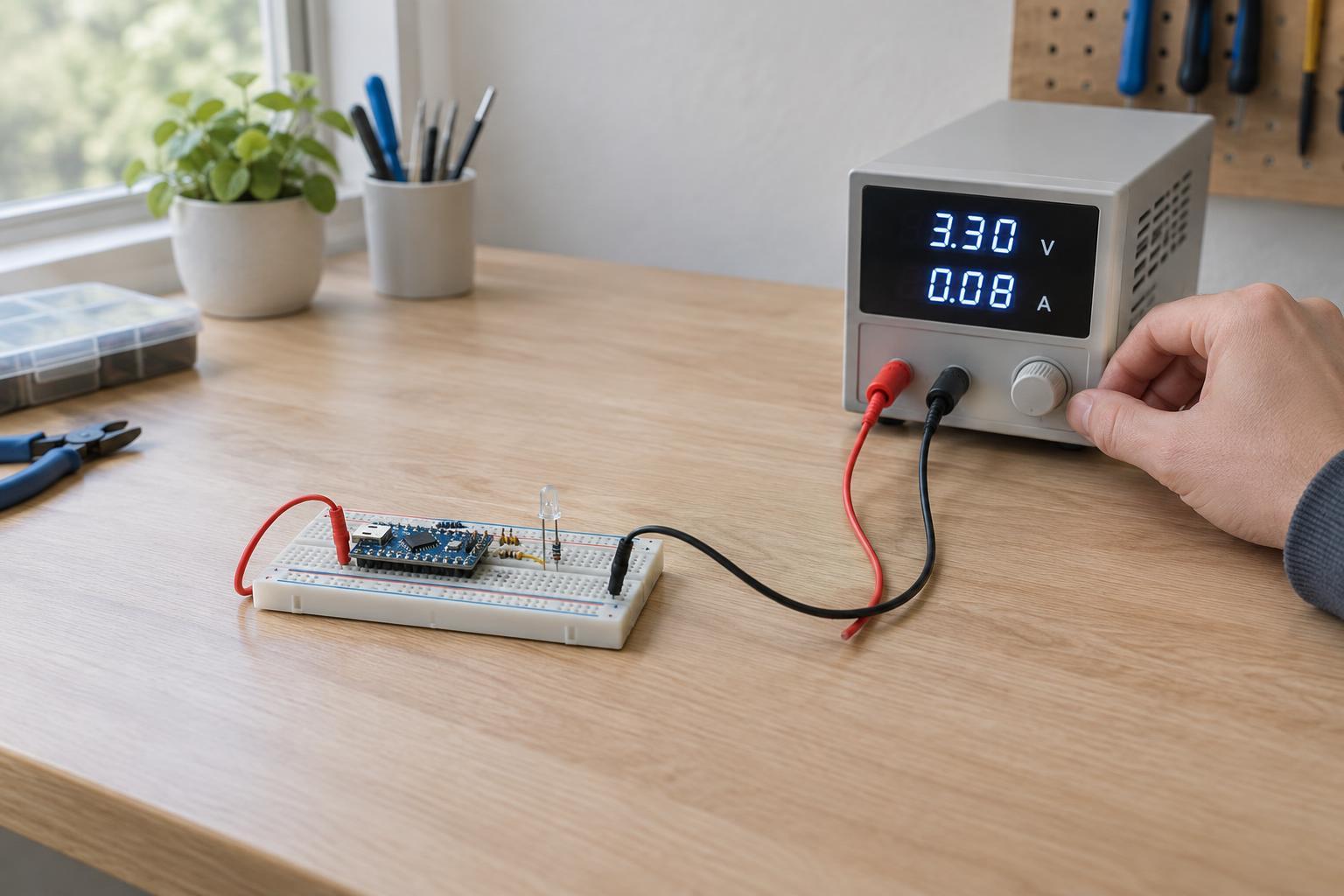First Power-On of a 3–5 V Circuit with a Current-Limited Bench Supply